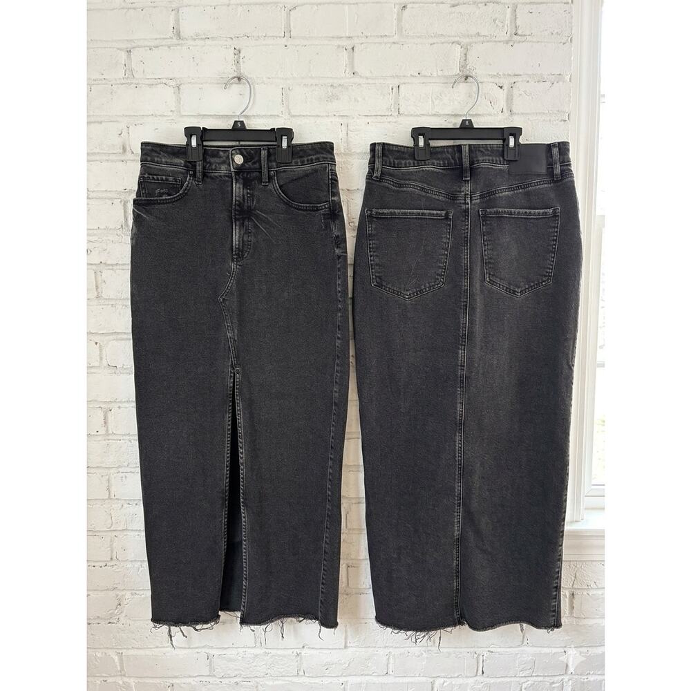 Express High Waisted Denim Maxi Skirt Black Wash Front Slit Raw Hem Sz 4 Y2K